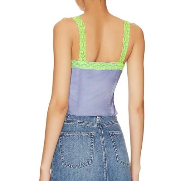 Superdown Adele Lace Up Cami Top Satin in Blue green Cropped Size XL Revolve Y2K - Picture 2 of 10